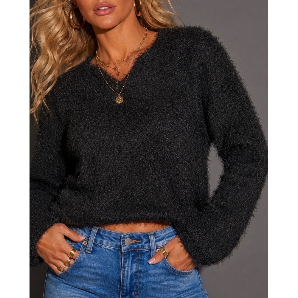 Free People Womens Black Eyelash Knit Fuzzy V-Neck Sweater Size S